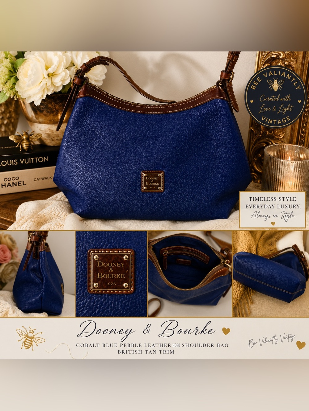 Dooney & Bourke Cobalt Blue Pebble Leather Hobo Shoulder Bag British Tan Trim